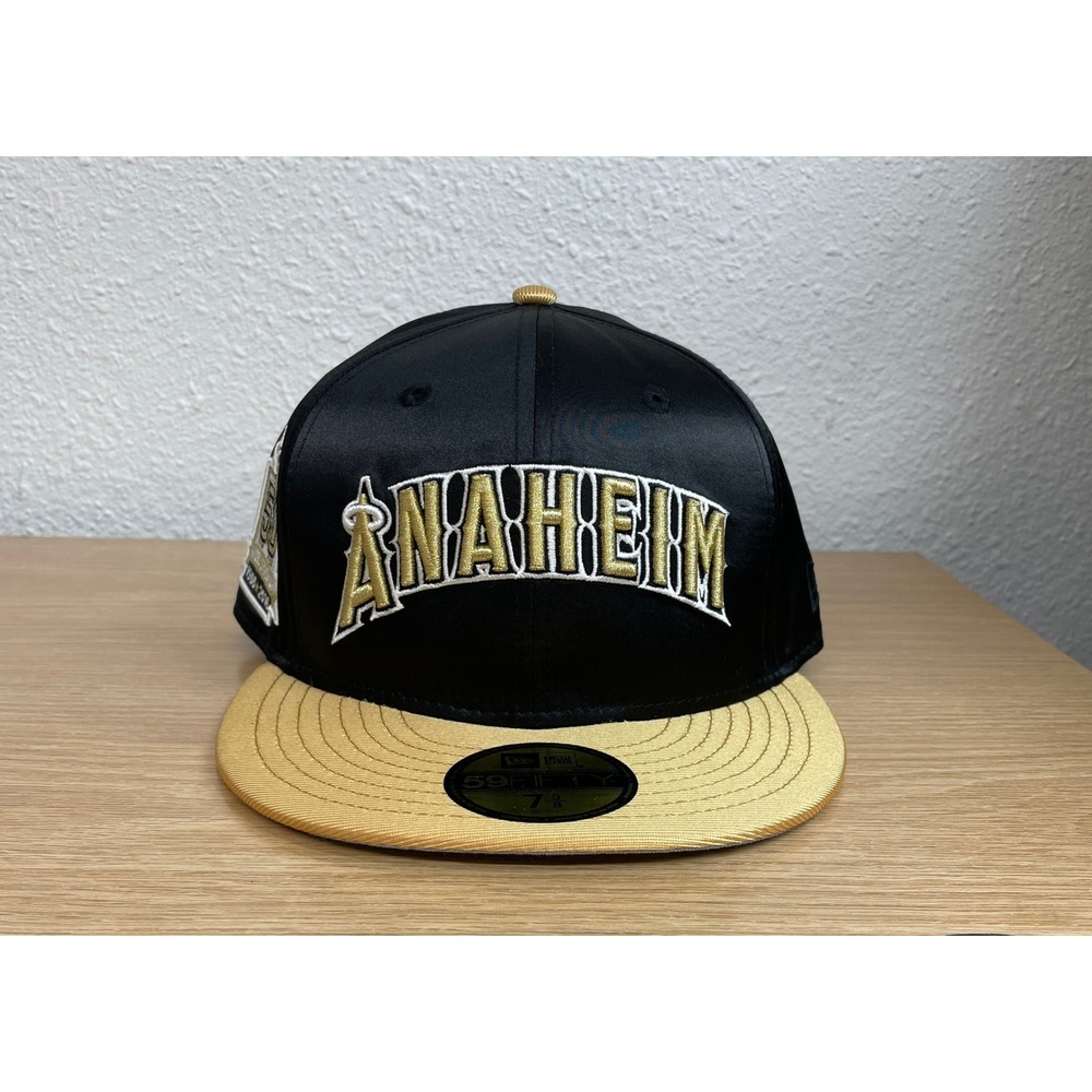 New Era Anaheim Angels 59FIFTY Fitted Hat Black Gold 7 5/8 50th Anniv Patch